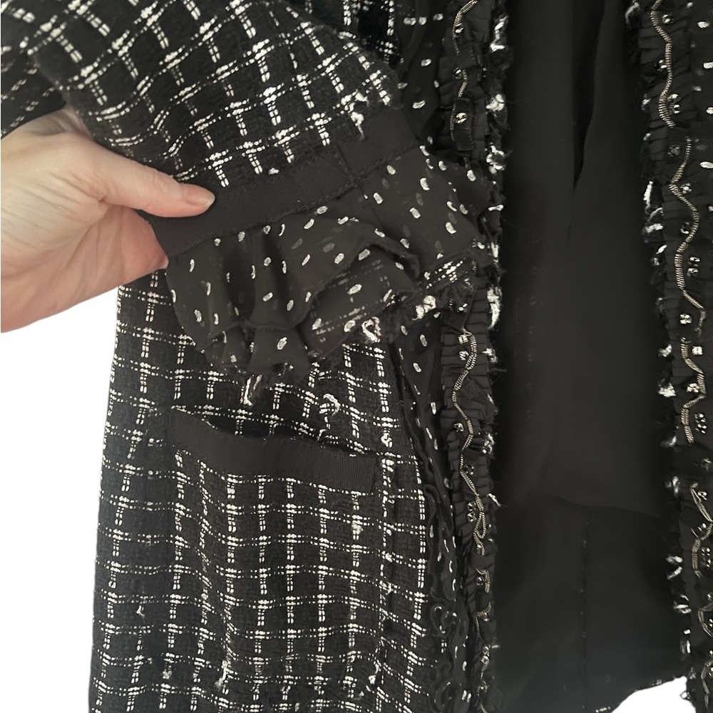 White House Black Market Black & White Tweed Fringed Open Blazer - Picture 2 of 6